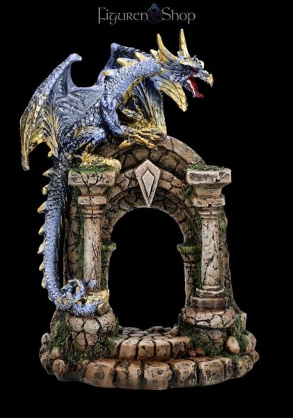 Drachenfigur - Blau-goldener Drache auf Burgruine
