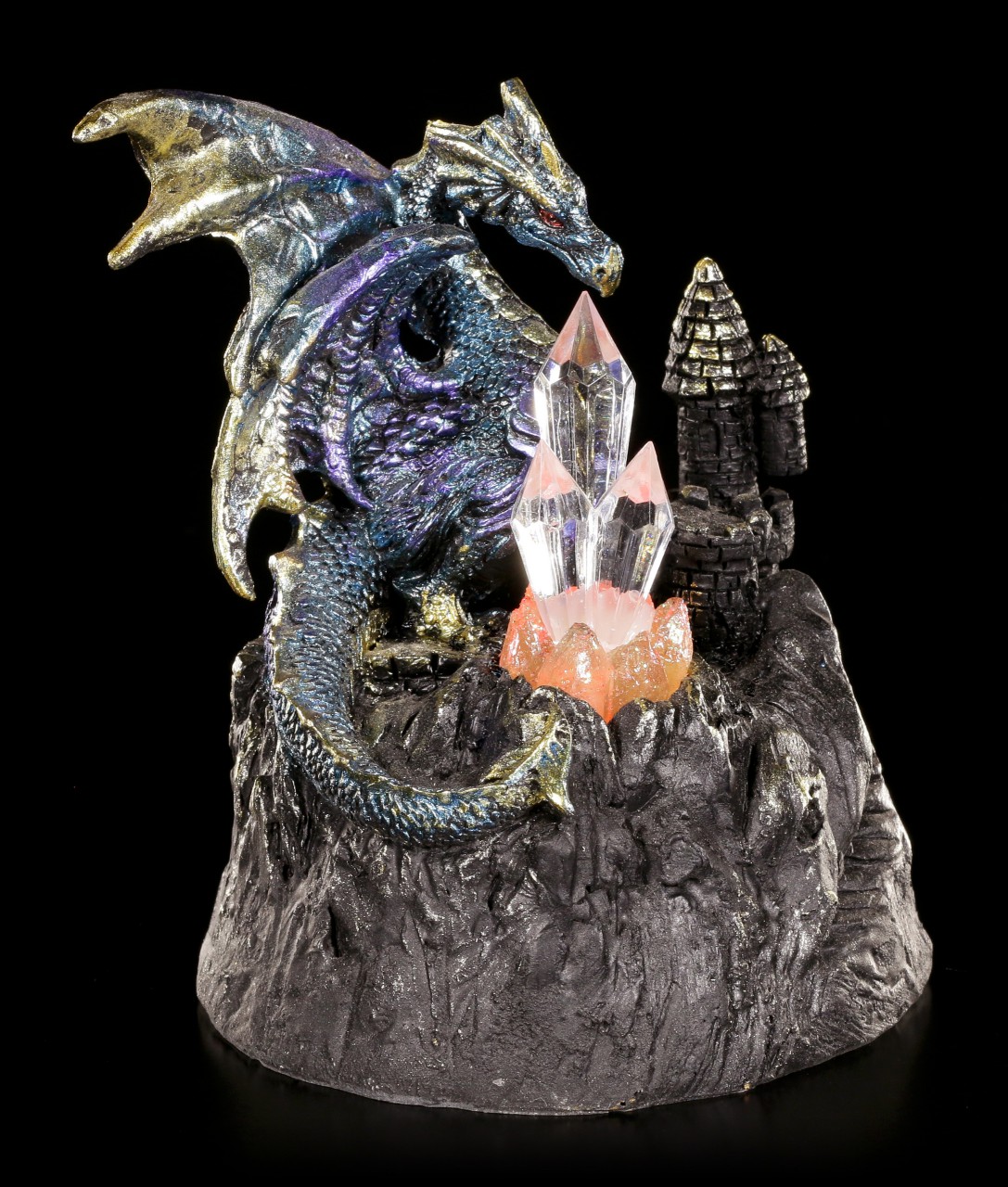 Blaue Drachen Figur auf Burg mit Kristall und LED