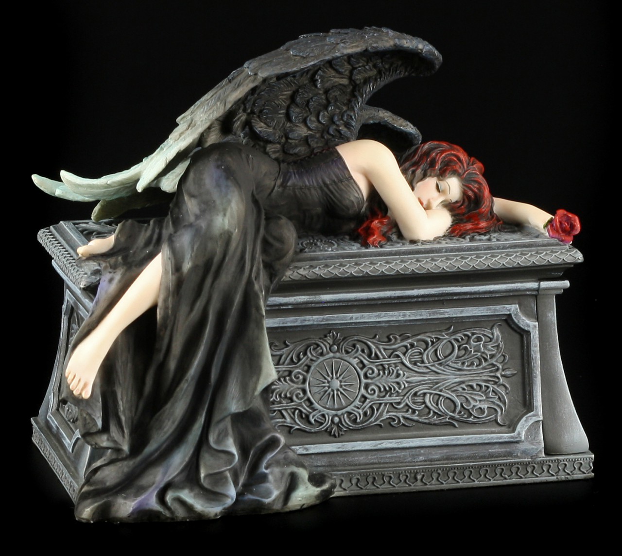 Dark Angel Figur - Liegt trauernd auf Sarg Schatulle