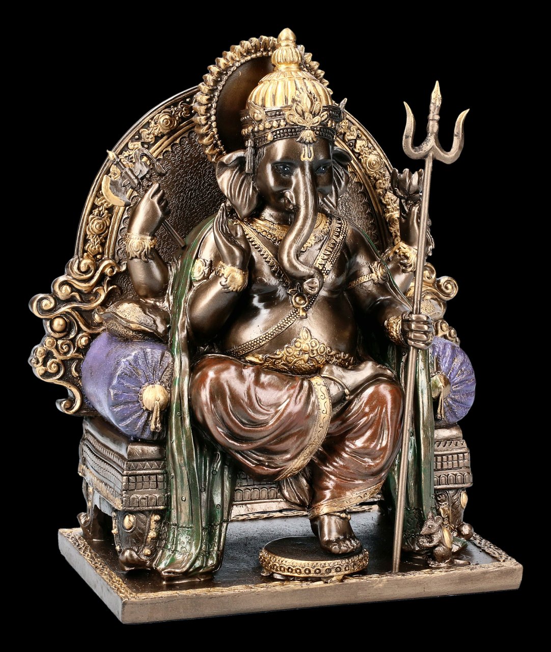 Ganesha sitzt auf Thron mit Ratte