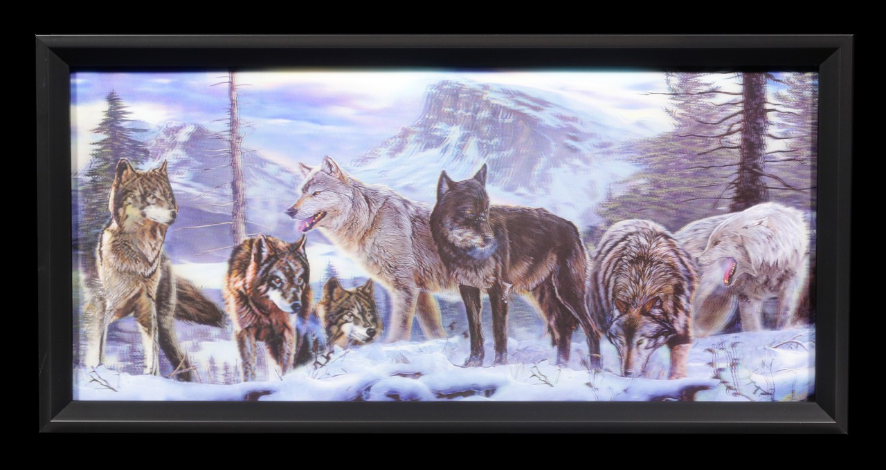 3D-Bild im Rahmen mit Wölfen - Wolfsrudel