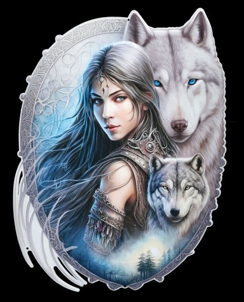 Blechschild - Mystische Schönheit mit Wölfen
