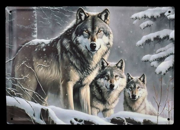 Blechschild - Wolfsrudel im Winterwald