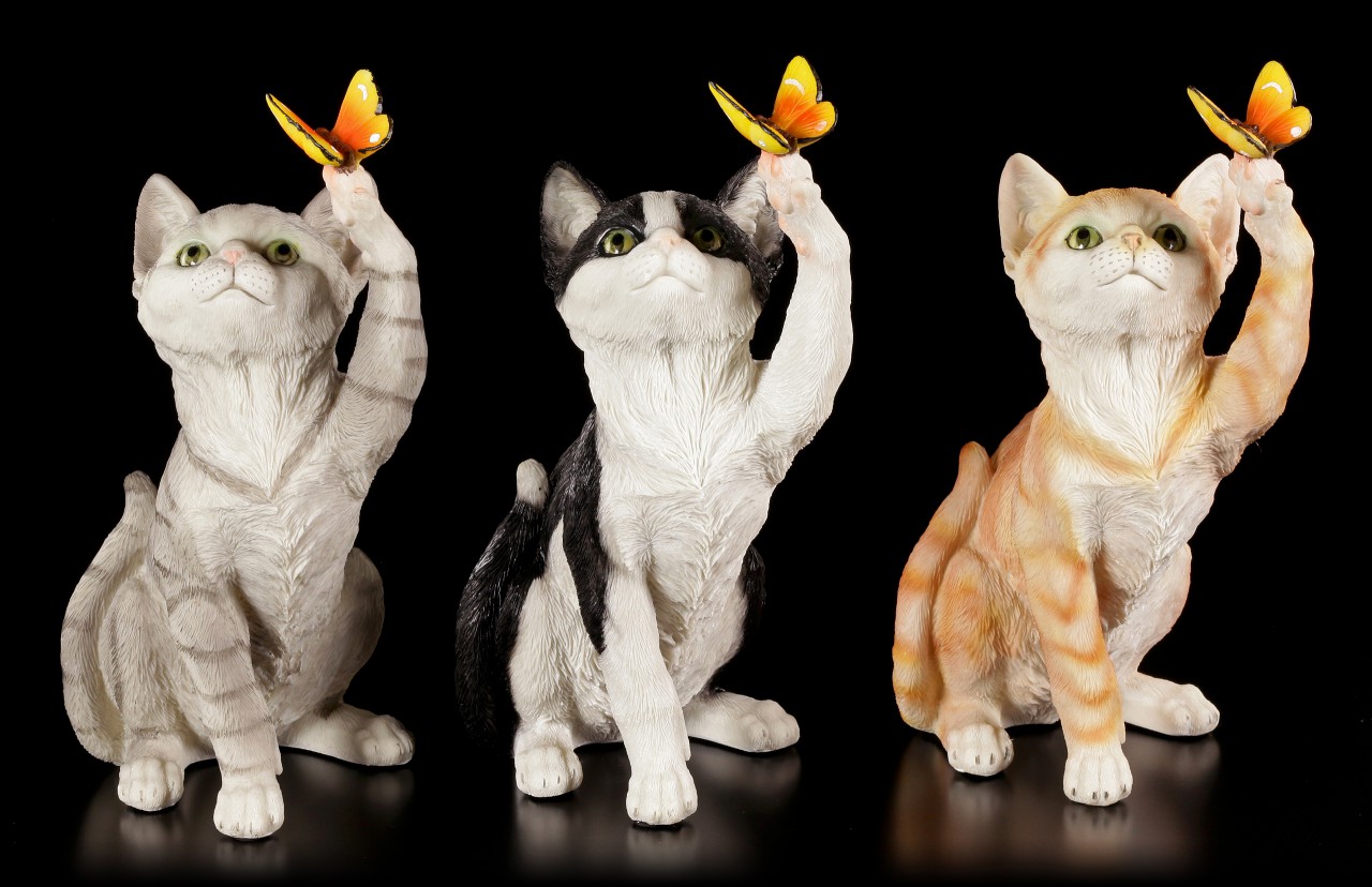 Cat Figurines with Butterflies - Set of 3
