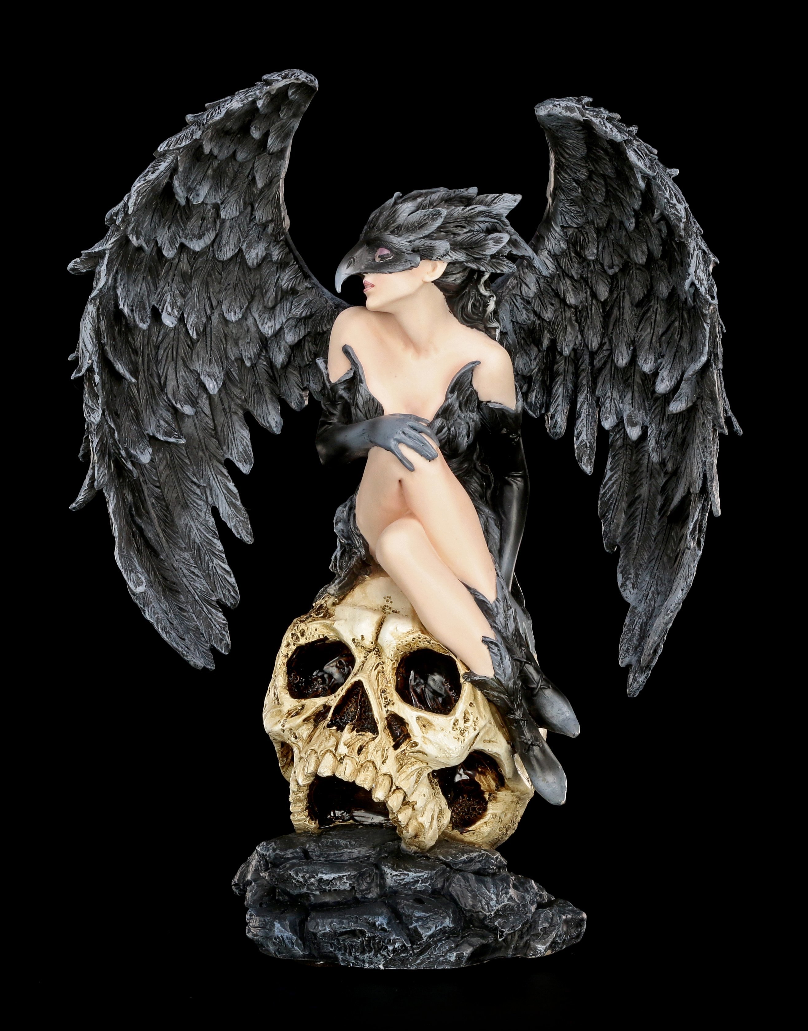 Rabenkönigin auf Totenkopf Gothic Fantasy Engel Deko Statue Dark Angel Figur 