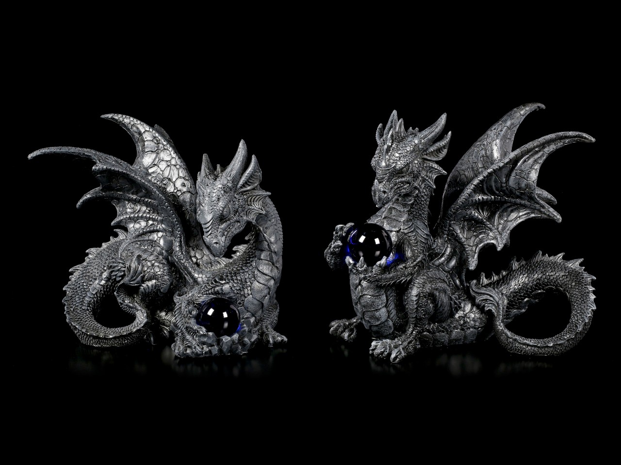 Black Dragon Figurines with Glass Ball - Set of 2