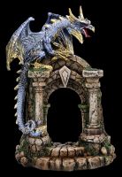 Drachenfigur - Blau-goldener Drache auf Burgruine