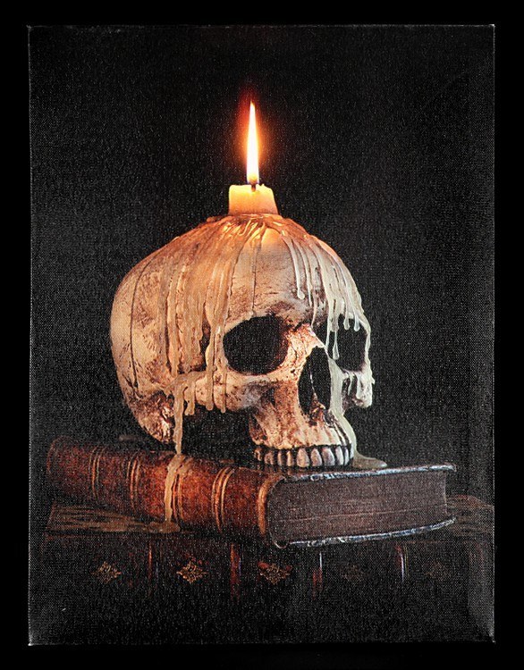 Leinwand LED - Totenkopf mit Kerze auf Buch