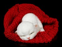 Katzen Figur schlafend in roter Bommelmütze