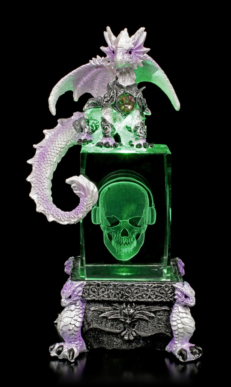 Drachen Figur auf Totenkopf in Glas mit LED