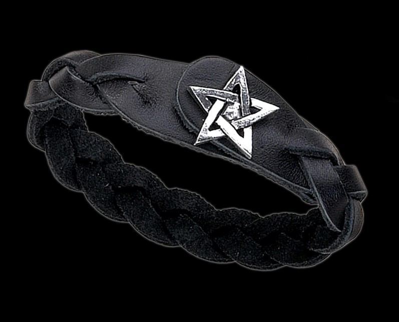 Pentagram Gaelic Plait - Leder-Armband mit Zinn Pentagramm