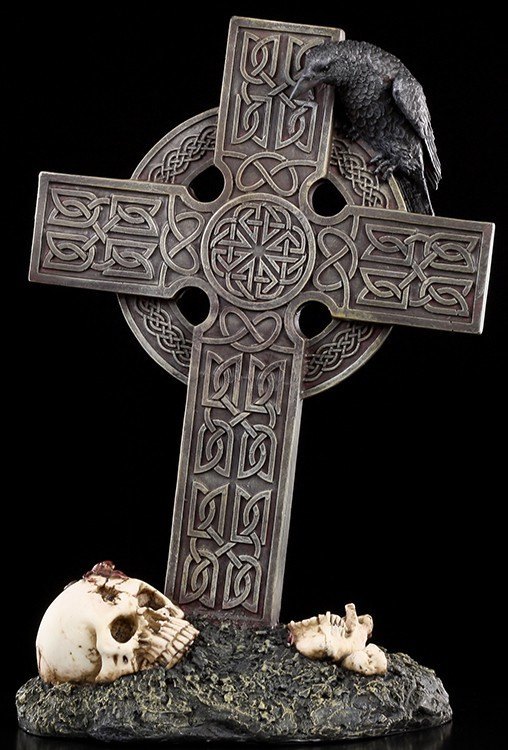 Large Celtic Cross with Raven and Skull