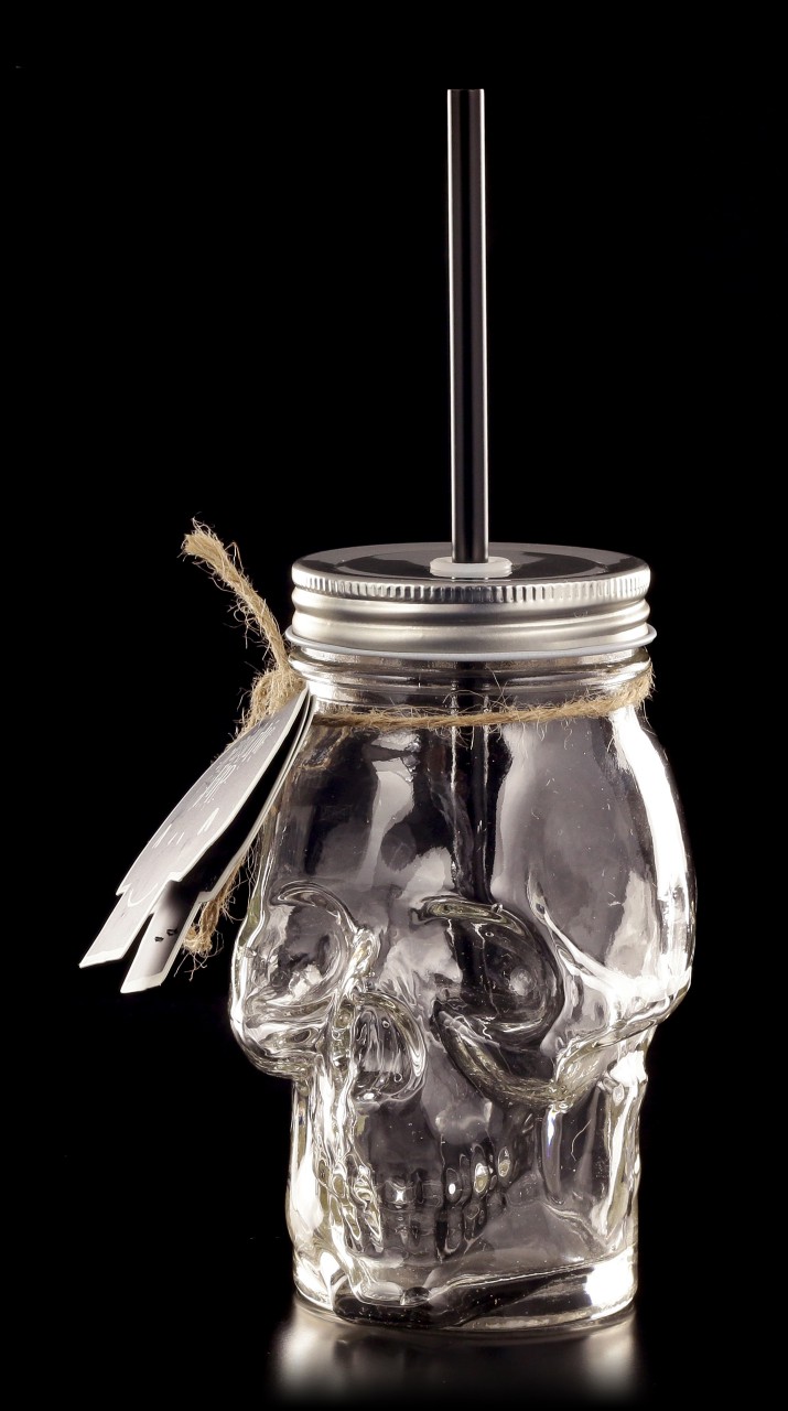 Totenkopf Glas mit Deckel und Strohhalm