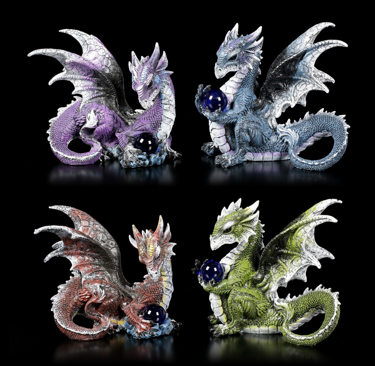Colored Dragon Figurines with Glass Ball - Set of 4