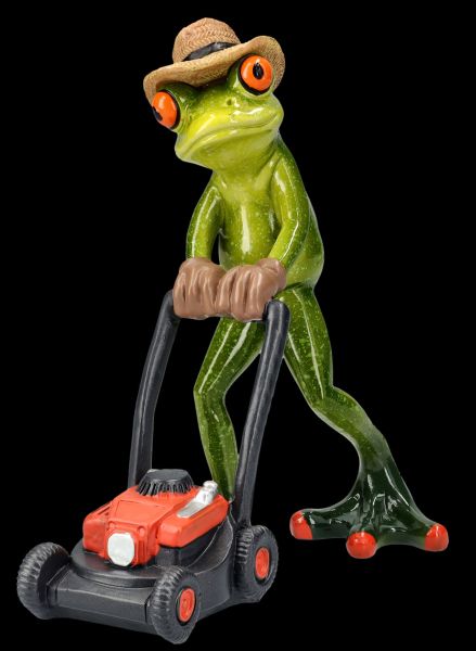 Lustige Frosch Figur - Gärtner mit Rasenmäher