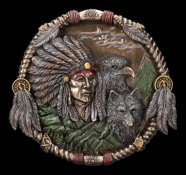 Wall Plaque - Indian with Wolf and Eagle