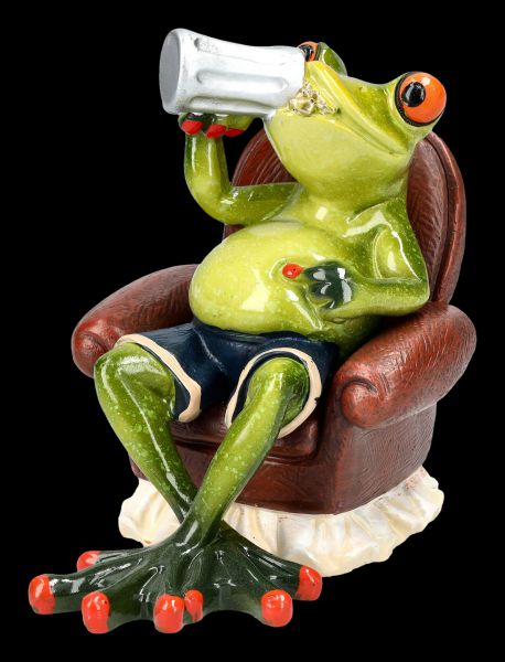 Funny Frog Figurine on Chair Drinking Beer