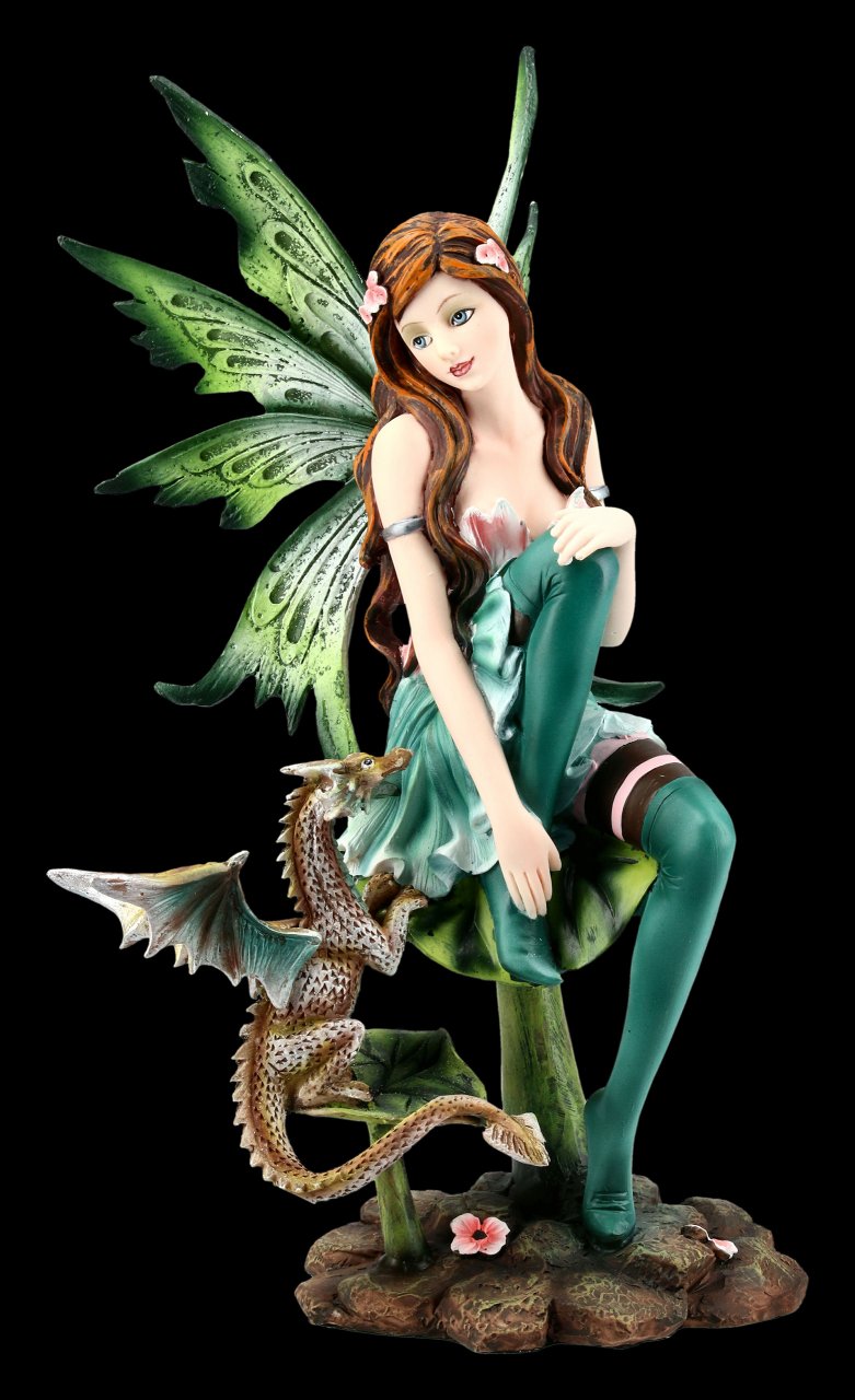 Green Fairy Figurine - Sitting on Leaf with Dragon