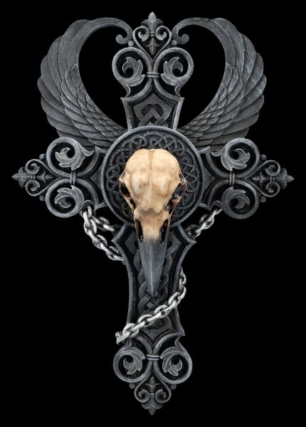 Wandrelief - Kreuz mit Rabenschädel und Flügeln