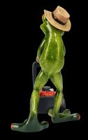Lustige Frosch Figur - Gärtner mit Rasenmäher