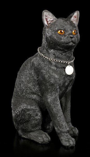 Cat Figurine with Metal Pendant - black