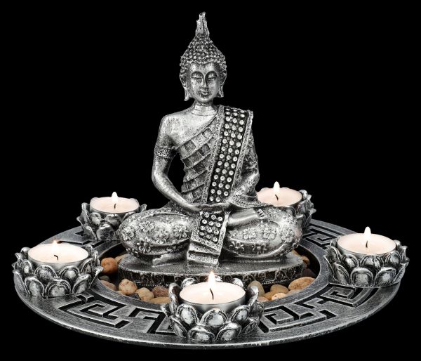 Buddha Figur als fünffach Teelichthalter silberfarben