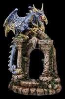 Drachenfigur - Blau-goldener Drache auf Burgruine