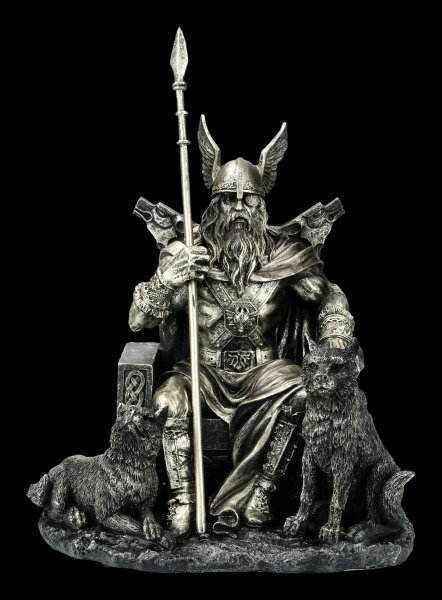 Odin Figur - Göttervater auf Thron mit Wölfen