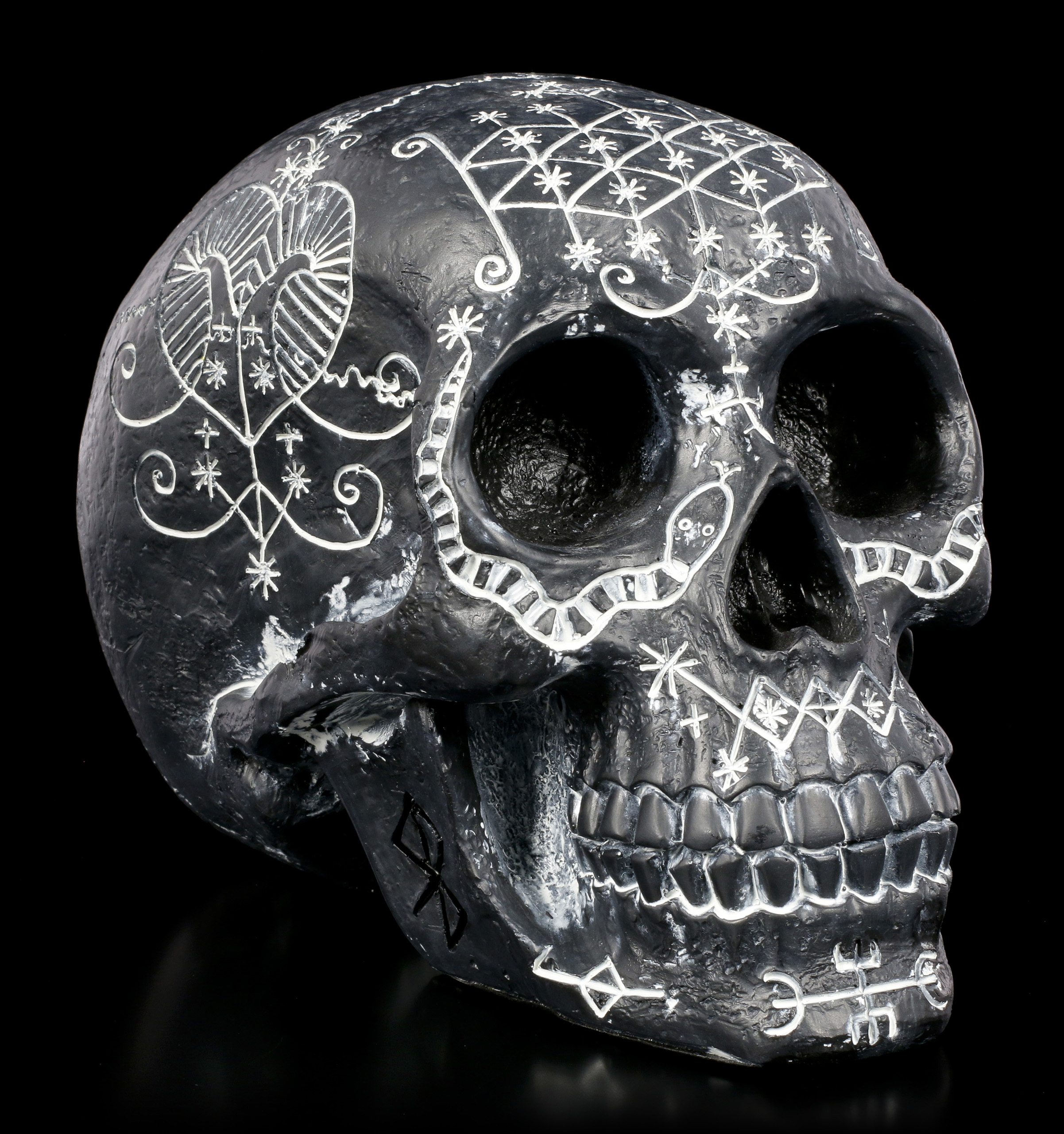 Spardose Totenkopf Skull mit Ornamenten,keltischen Zeichen,Mystik Silber/Chrom 