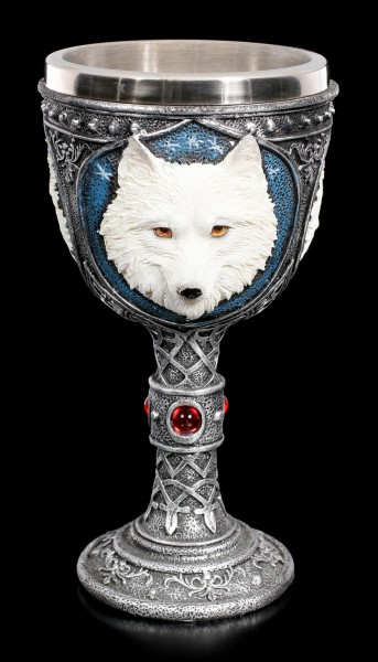 Fantasy Kelch - Weißer Wolf mit roten Schmucksteinen