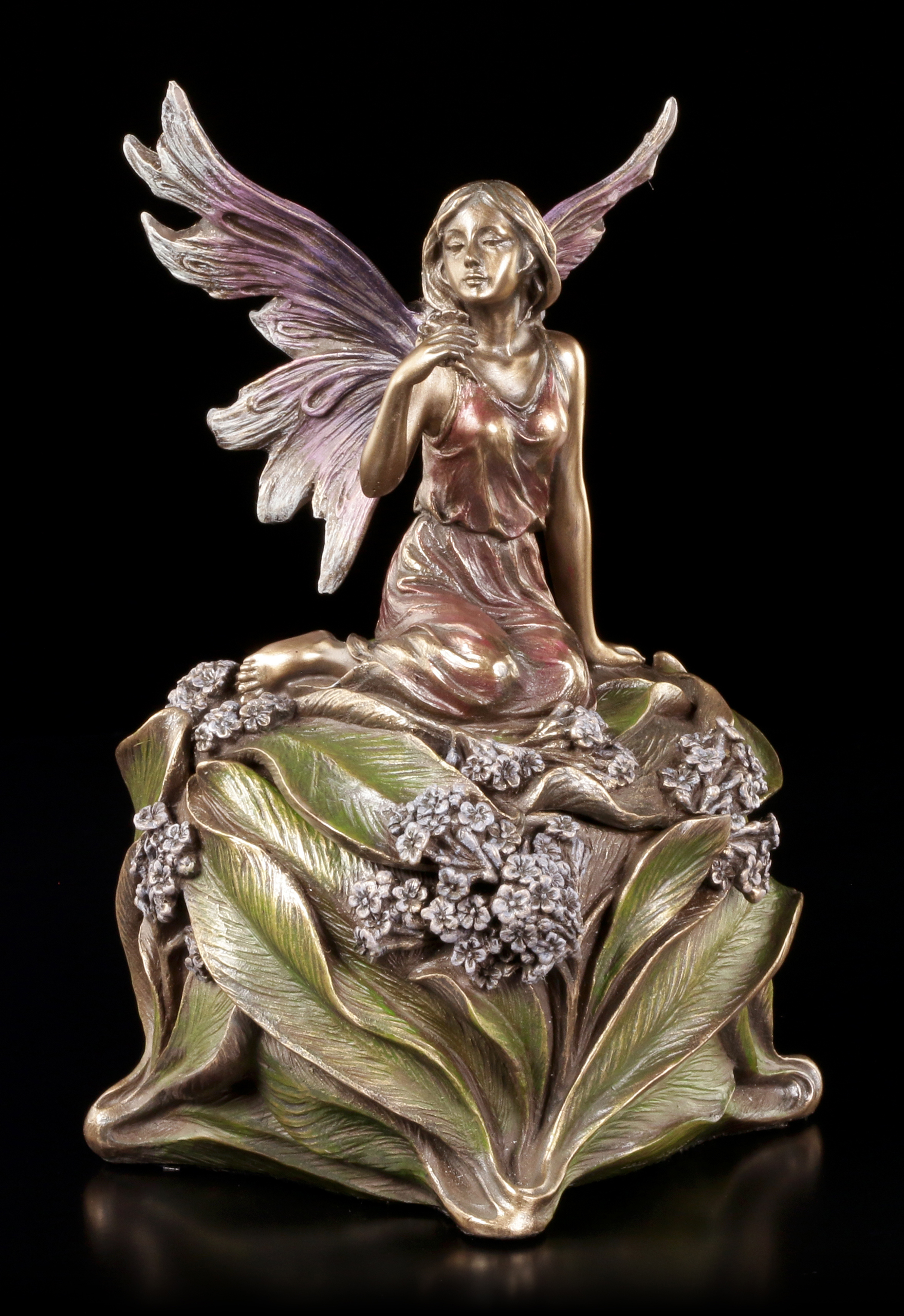 Elfen Figur sitzt an Teich mit Kolibri Fantasy Blumenelfe Fee Engel Dekostatue 