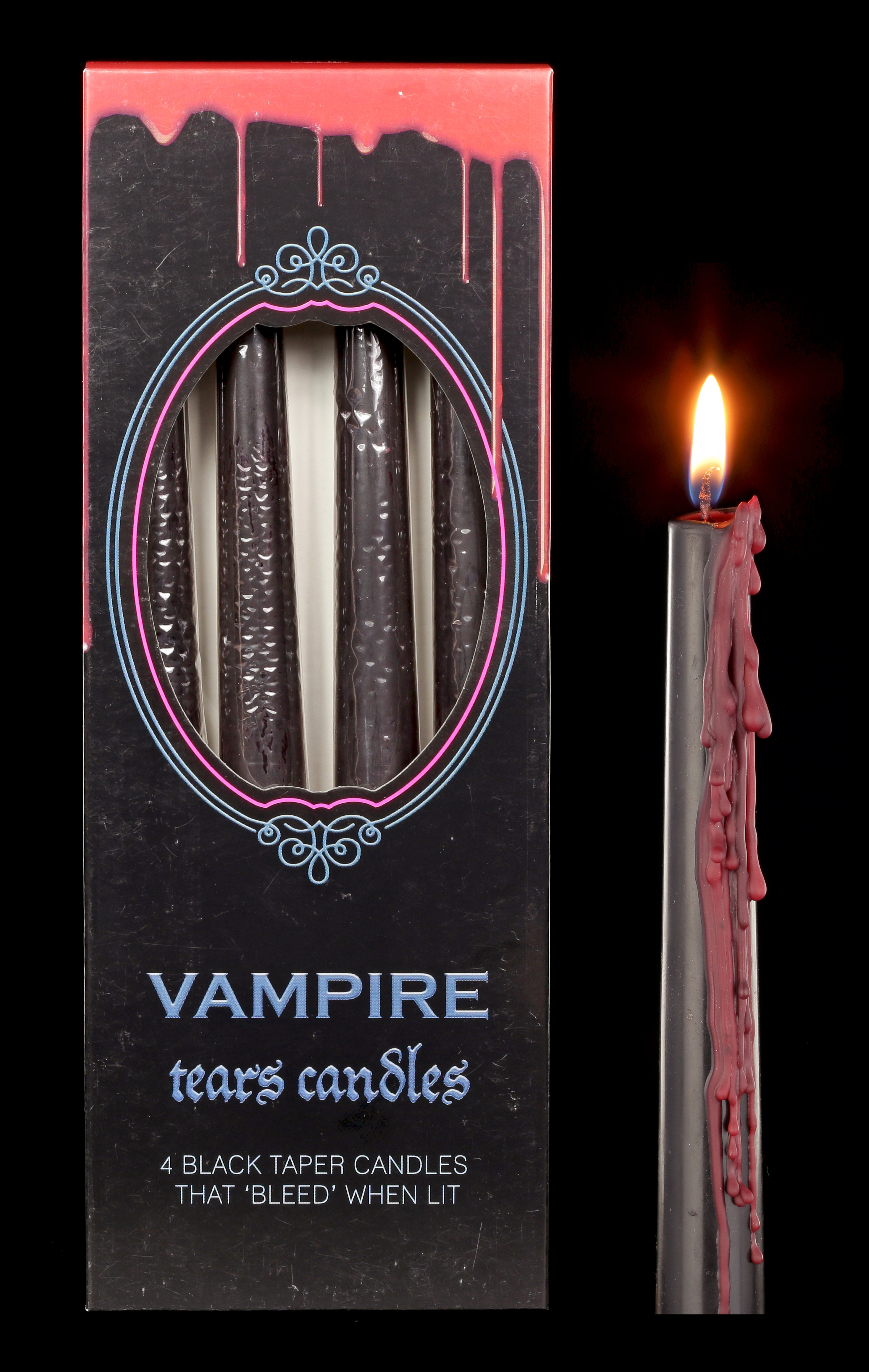 Gothic Pack Of 4 Weeping Rose Black & Bleeding Red Taper Candles 25cm Tall 