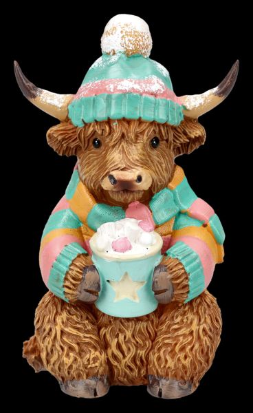 Highland Cow Winterfigur mit Kakao
