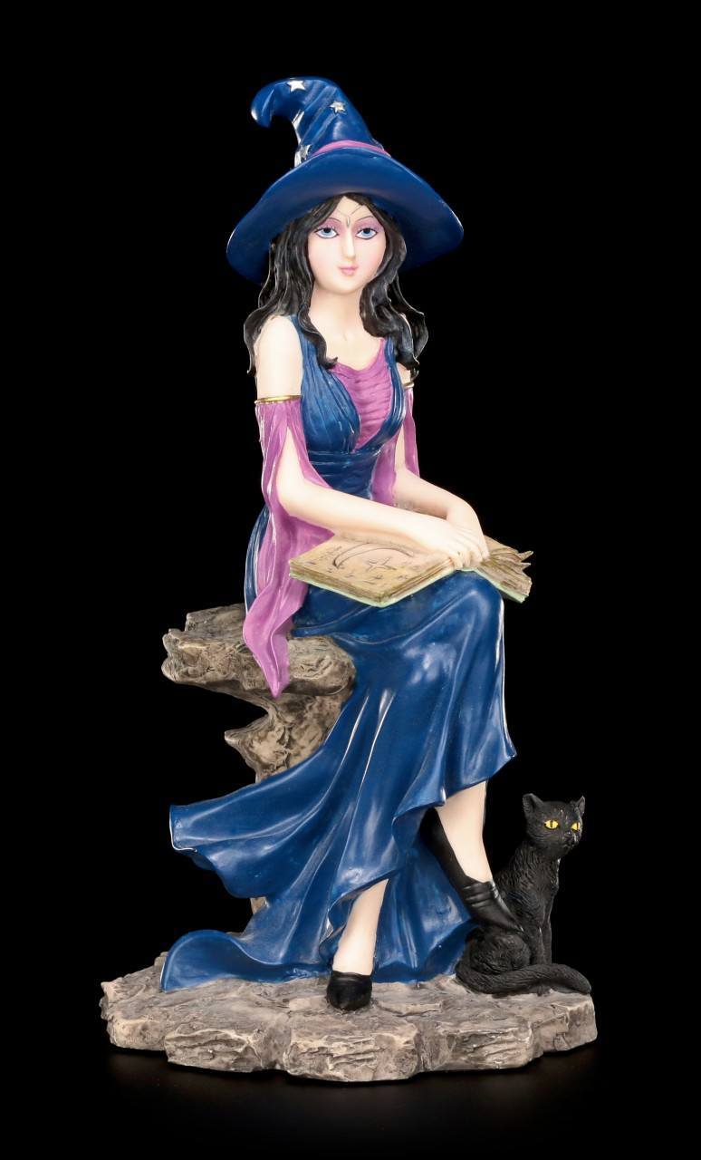 Hexen Figur - Selene mit Zauberbuch und schwarzer Katze
