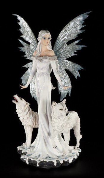 Fairy Figurine - Niamh the Ice Princess with two Wolves - large