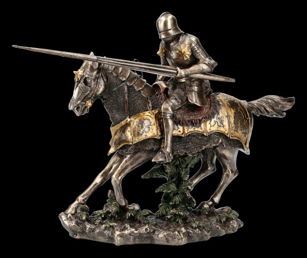 Deutsche Ritter Figur mit Pferd im Angriff - bronziert