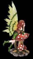 Fairy Figurine - Green Wings Leaning on Mushroom