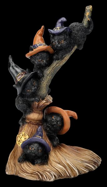 Cat Figurine - Five Kittens on Witch's Broom