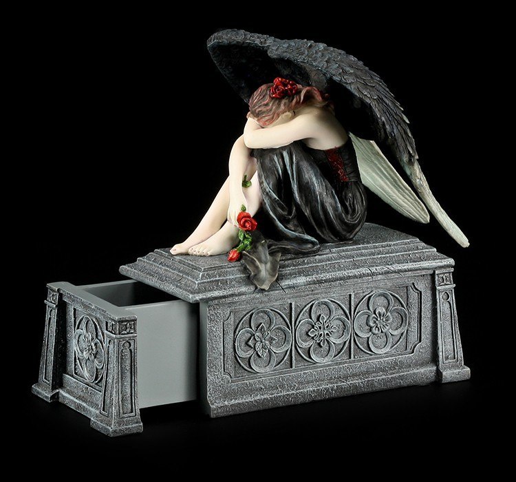 Dark Angel Figur - Sitzt trauernd auf Sarg Schatulle