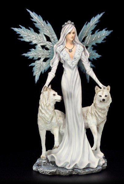 Lupiana streichelt Wolf Engel Figur 53 cm Fee Elfe Statue Fairy Fantasy Deko