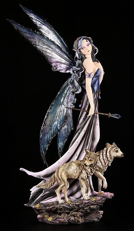 Fantasy Deko Statue Wächter des Mondes groß Elfen Figur mit Wolf 