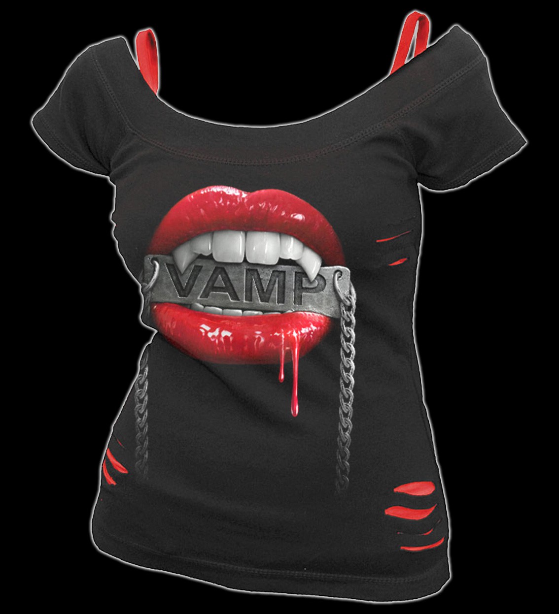 Fangs - Spiral Gothic 2in1 Ripped Shirt with Vampire Teeth