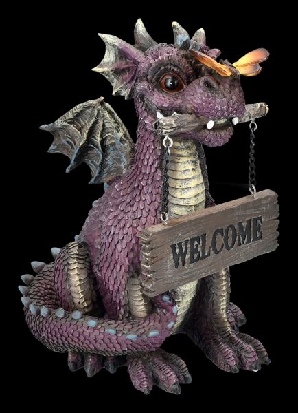 Dragon Figurine purple with Welcome Sign
