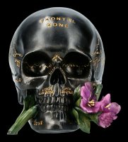 Schwarzer Totenkopf mit Beschriftung und Blume