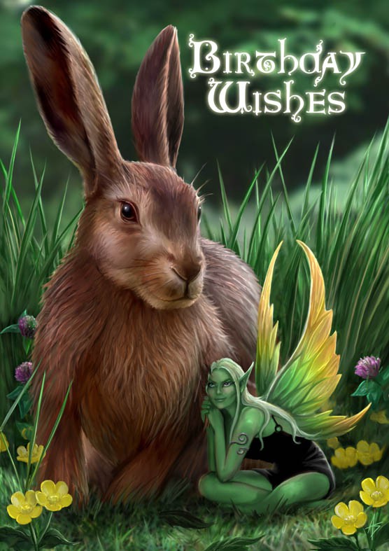 Fantasy Geburtstagskarte Hase & Elfe - Hare and Sprite