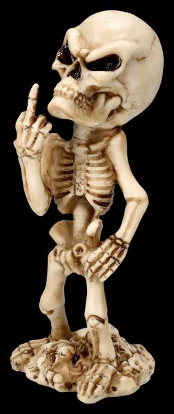 Skelett Figur zeigt Mittelfinger