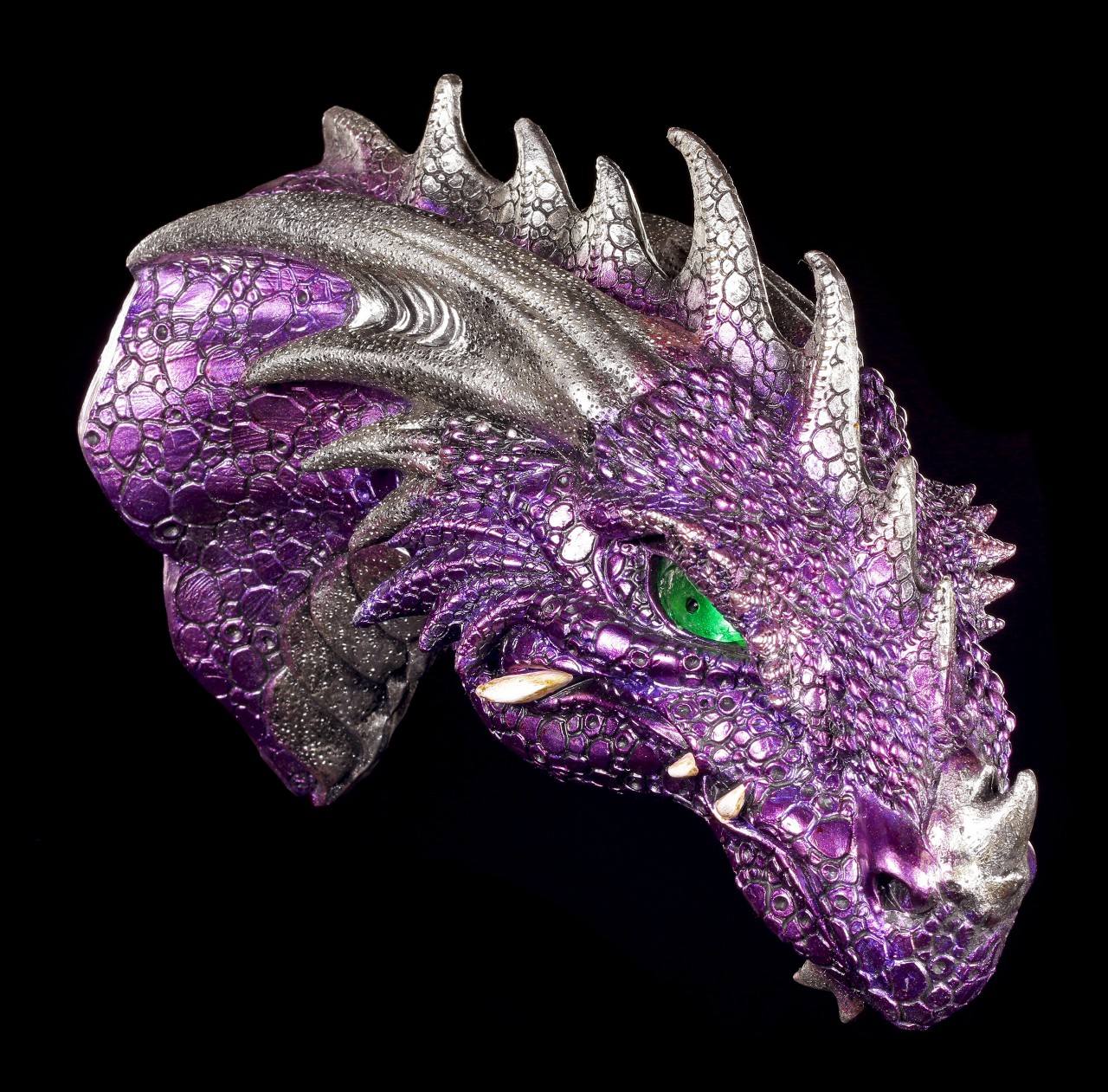 Figur Fantasy Gothic Drachen Kopf Wandrelief mit LED Augen silberfarben 
