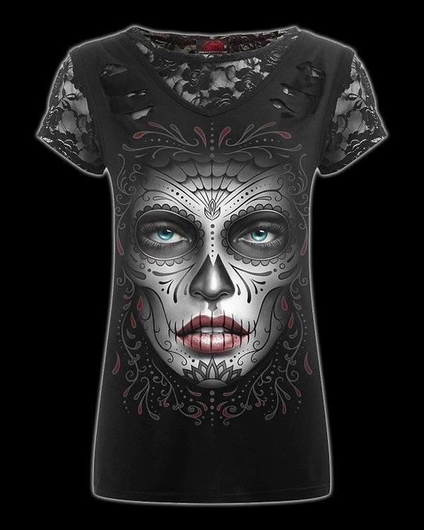 Death Mask - 2in1 Ripped Black Lace Top