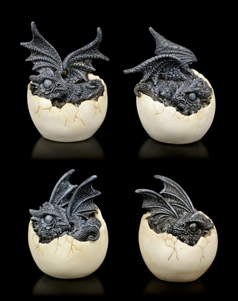 Dragon Figurines - 4 Babies hatching from Egg - black