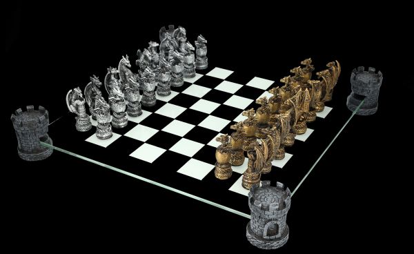 Schachspiel mit Brett - Drachen gold-silber